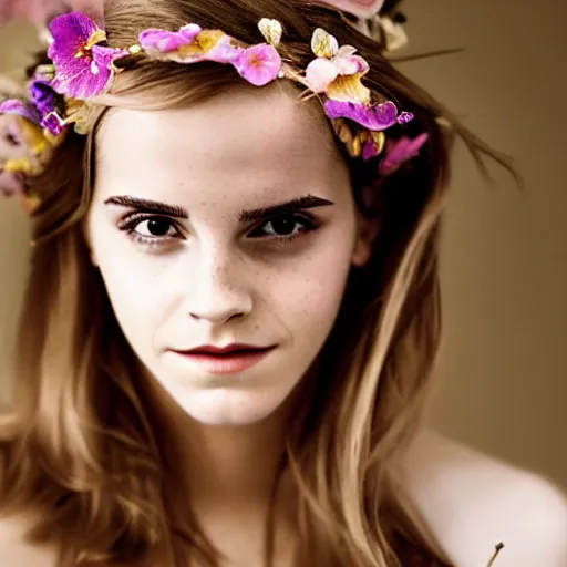 Image similar to emma watson with a multiflower crown princess, sensual, beautiful soft light failling on her face, studio photography, nikon 3 5 mm portrait photography, ultra realistic