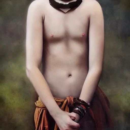 Image similar to a teenage boy, around 2 2 yo. choker necklace. natural brown hair. loincloth, pale skin. detailed face. ominous and eerie. natural colors. hyperrealistic photo.