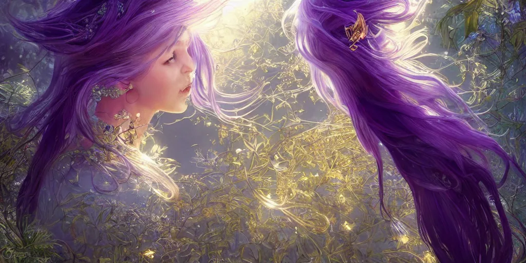 Image similar to wide angle, opalescent purple panther, metallic silver and ice color reflected crystal hair, leaping from babaob tree, fantasy, intricate, very beautiful, elegant, golden light, highly detailed, digital painting, artstation, concept art, smooth, sharp focus, unreal engine, art by wlop and tian zi and alphonse mucha