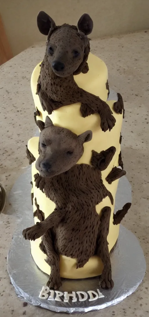 Prompt: birthday cake with a hyena sitting on top, hyena, hyena,