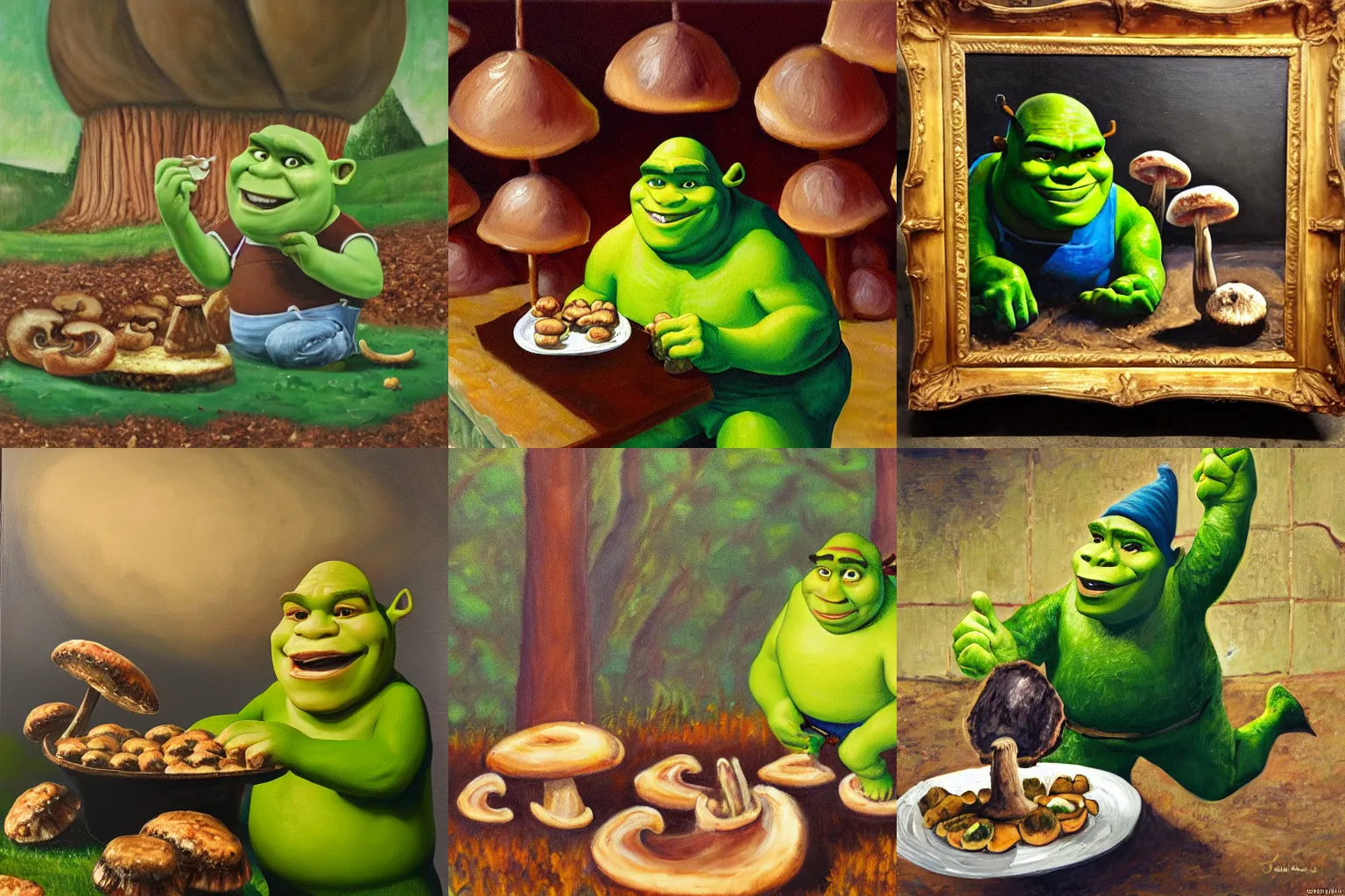 Prompt: an oil painting of Shrek eating mushrooms from the ground
