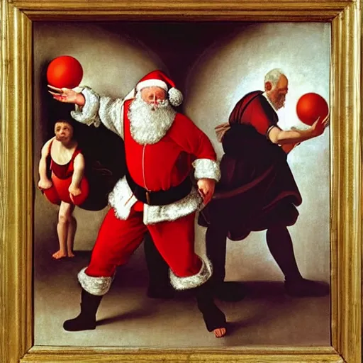 Image similar to Father Christmas throwing a dodgeball Painted by Caravaggio