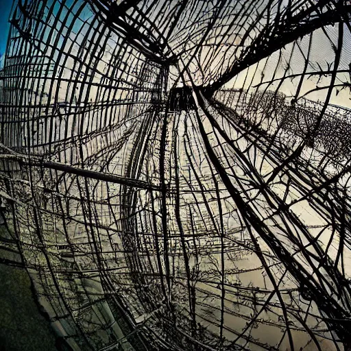 Prompt: a rollercoaster, tracks of barbed wire, birds eye view, hyperrealistic, fisheye