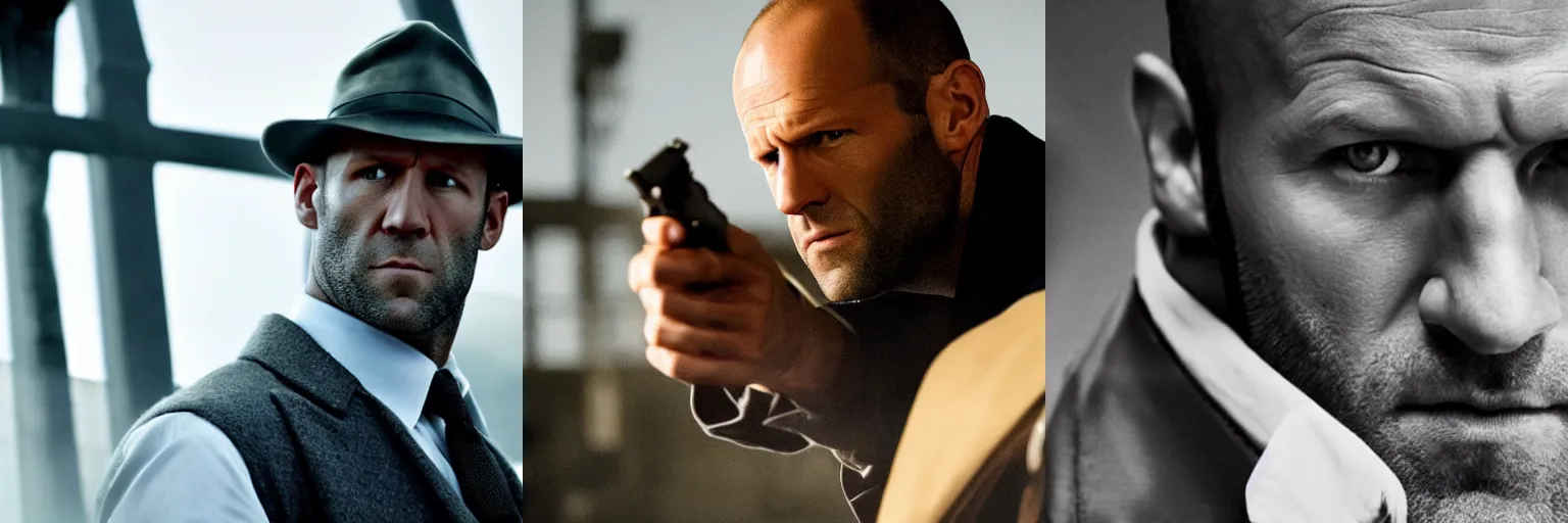 Prompt: close-up of Jason Statham as a detective in a movie directed by Christopher Nolan, movie still frame, promotional image, imax 70 mm footage