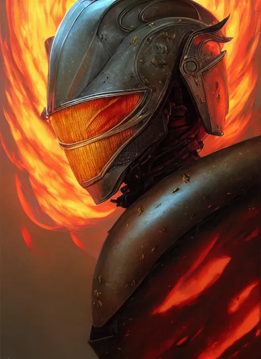 Image similar to highly detailed portrait of knight's helmet reflecting red dragon reflection detailed, 8 k blocking flames fire, green eyes, fantasy art by by simon bisley, loish, rhads, ferdinand knab, makoto shinkai and lois van baarle, ilya kuvshinov, rossdraws, tom bagshaw, global illumination, radiant light, detailed and intricate environment