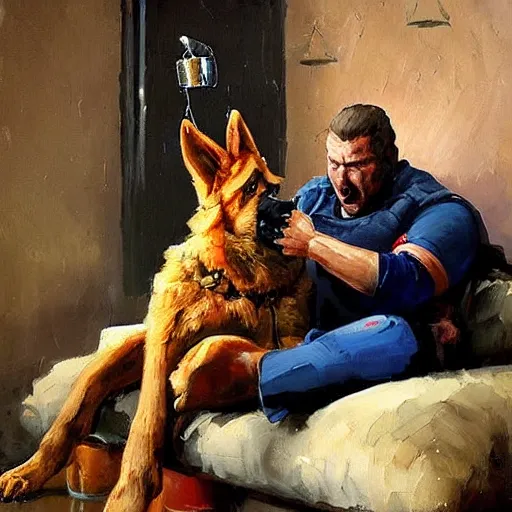 Image similar to a humanoid german shepherd beast - man, sitting and watching a soccer match in his house on television, he has hurt his knee and is a dad, by erin hanson, alexi zaitsev, karl spitzweg, award winning, tv set