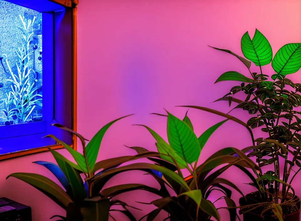 Image similar to telephoto 7 0 mm f / 2. 8 iso 2 0 0 photograph depicting a single purple alien jungle plant in a cosy cluttered french sci - fi ( art nouveau ) cyberpunk apartment in a pastel dreamstate art cinema style. ( computer screens, window ( city ), leds, lamp, ( ( ( aquarium bed ) ) ) ), ambient light.