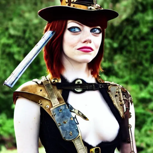 Image similar to full shot photo of emma stone as a steampunk warrior