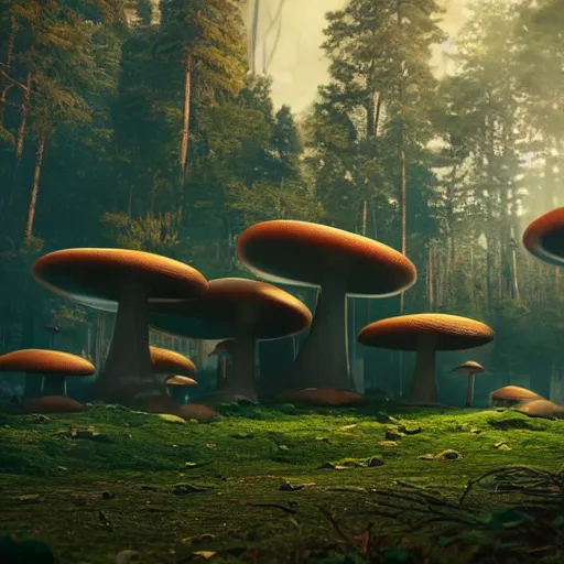 Prompt: a futuristic mushroom buildings in the middle of the forest, with futuristic flying cars hovering in the background, photography, cinematic, unreal engine, 4 k