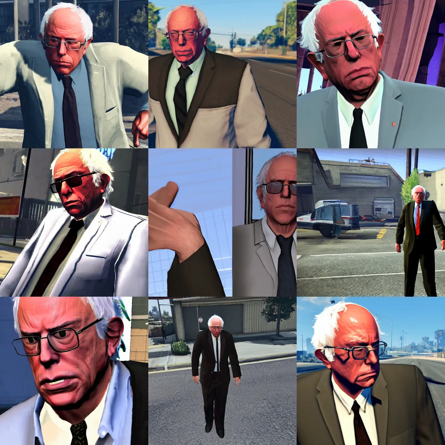 Prompt: bernie sanders in damaged suit, frowning, as the protagonist of gta 5, screenshot