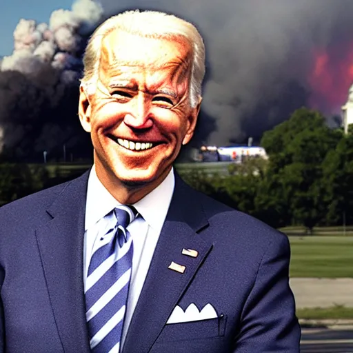 Image similar to Photograph of Joe Biden smiling with burning whitehouse in the background