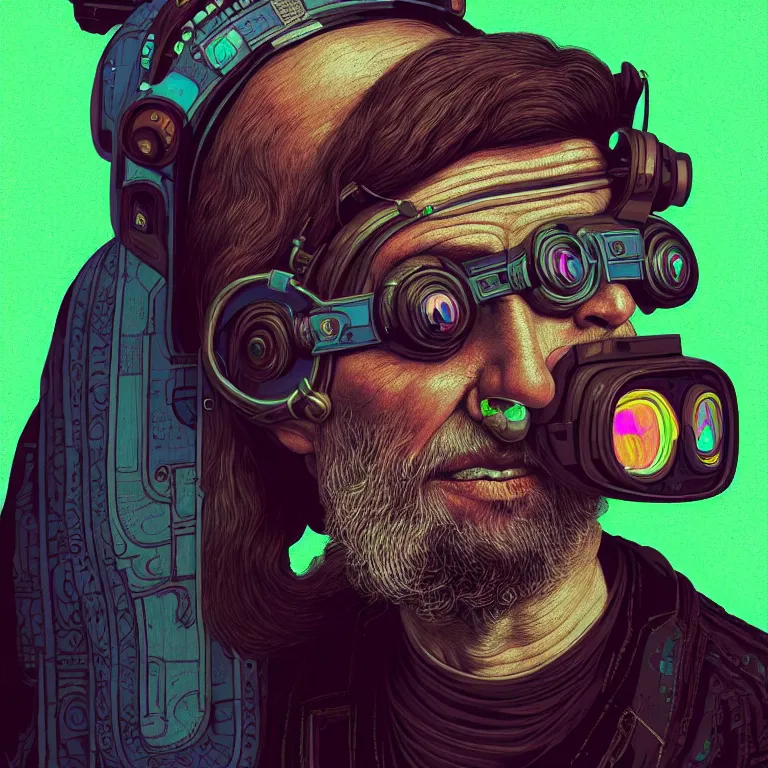 Image similar to Colour Photography of 1000 years old man with highly detailed 1000 years old face wearing higly detailed cyberpunk VR Headset designed by Josan Gonzalez . in style of Josan Gonzalez and Johannes Vermeer and Mike Winkelmann. Rendered in Blender