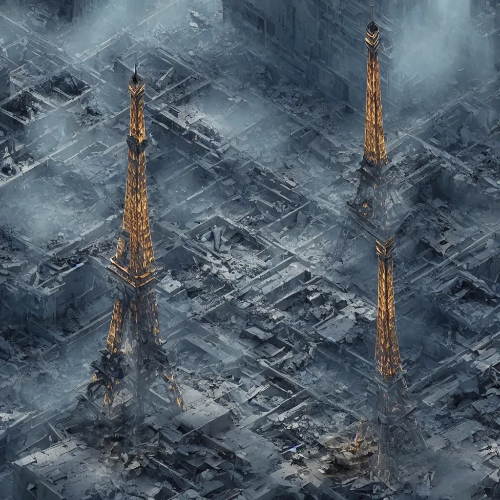 Image similar to A beautiful intricate 8K award-winning cinematic movie photograph of the future Eiffel Tower, destroyed and decaying, hidden by billboards. in the year 2043, by Bruno Delbonnel and greg rutkowski. Arri Alexa 65, IMAX 70mm footage