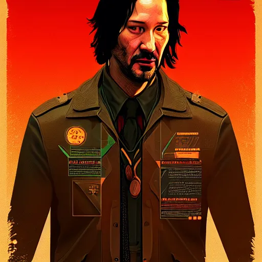 Image similar to keanu reevez in disco elysium, game poster, digital art, by aleksander rostov, disco elysium style, garain, glitch