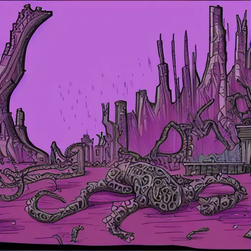 Image similar to purple, eldritch, corruption, sickness, taint, magic, spreading across a dead city