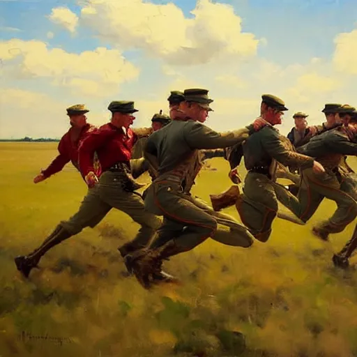 Prompt: greg manchess painting of a group of men running in a field wearing military uniform, painting, trending on artstation, by huang guangjian and gil elvgren and sachin teng