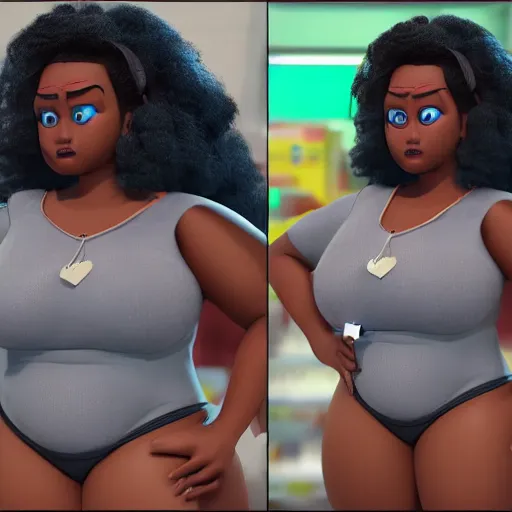 Prompt: high quality, highly detailed, still of black bbw woman in wal-mart, follow shot, 3d, in the style of pixar, comic book style, 3d, highly detailed, 16k resolution, octane renderer, coherent, cinematic lighting