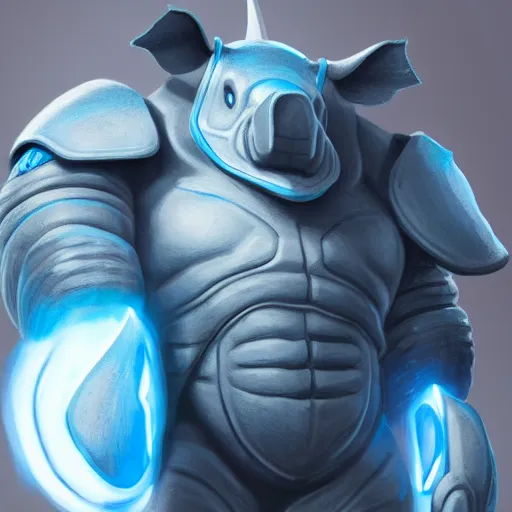 Prompt: An anthropomorphic blue rhino wearing galactic battle armor, highly detailed, digital painting, artstation, concept art, smooth, sharp focus, studio light, by Justin Gerard and Jason Chan and riot studios,