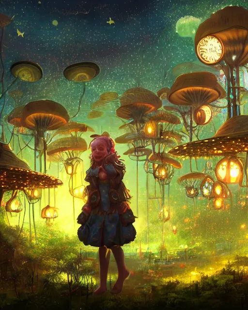 Prompt: girl in solarpunk fantasy village, evening, 4 k, ultra realistic, detailed, epic lighting, starry sky, magical, glowing forest, mushrooms, machines, futuristic building, high detail, masterpiece, trending on artstation by frederic daoust and akihito tsukushi and takeshi nogami