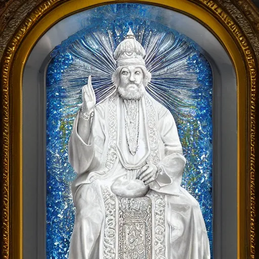 Prompt: white crystal statue carving of a supreme court judge, religious imagery, islamic pattern art, fractals, galaxy, impressionism painting, john blanche, muted colors, tarot card