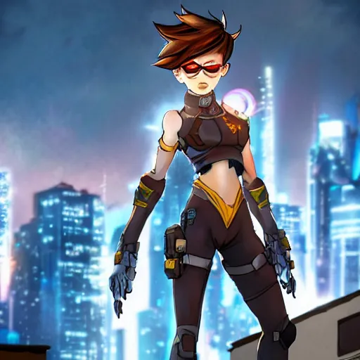 Image similar to tracer, standing on rooftop, wearing spiked choker, 4 k, detailed, smiling at camera, detailed eyes, confident stance, detailed face, feminine face, burning exploding city in background