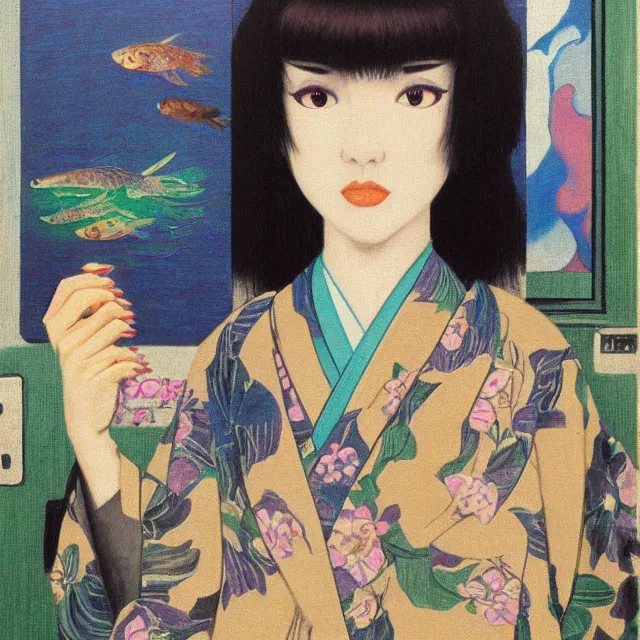 Image similar to tall emo female artist holding small portraits and fish on a train, wearing a kimono, on yamanote line in japan, tokyo station, summer, sweat, ice coffee, pigs, octopus, acrylic on canvas, surrealist, by magritte and monet