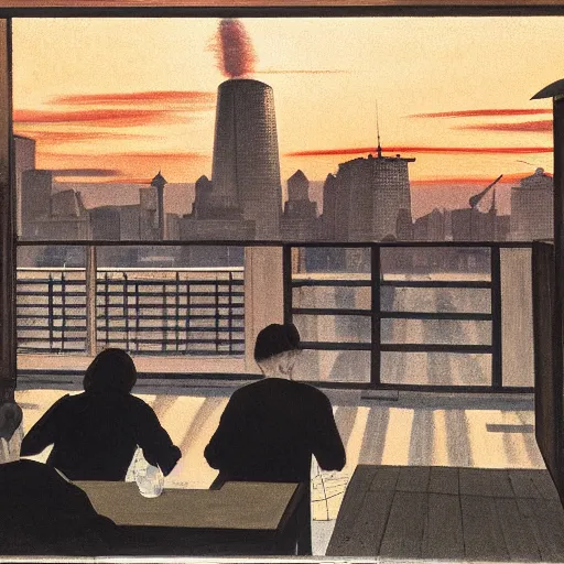 Prompt: a small rooftop with a couple of people sitting and watching the view, wearing black modern clothes, modern shanghai bund is on the background, sunset, by edward hopper, by gregory crewdson