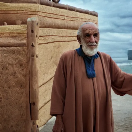 Image similar to cinematic film still of 80 year old Mediterranean skinned man in ancient Canaanite clothing stands in front of Noah's ark. Storm clouds. directed by Steven Spielberg