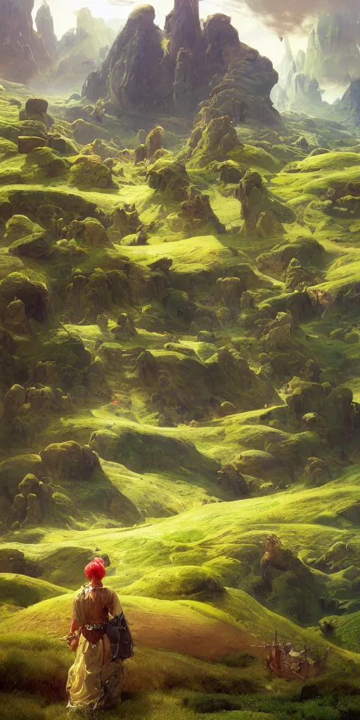 Image similar to sky is land lush green landscape villages castles buildings inverted upsidedown mountain range from the sky fantasy surreal good composition artstation illustration sharp focus sunlit vista painted by ruan jia raymond swanland lawrence alma tadema zdzislaw beksinski norman rockwell tom lovell alex malveda greg staples