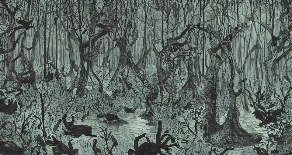 Prompt: A dense and dark enchanted forest with a swamp, by James Jean