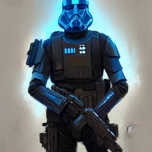 Image similar to star wars concept art by greg rutkowski, soldier wearing a blue and black tactical gear, highly detailed portrait, digital painting, artstation, concept art, smooth, sharp foccus ilustration, artstation hq