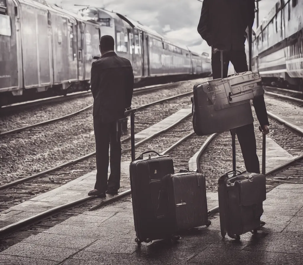 Prompt: A man with a big suitcase waits for a train on a platform, trains in the background, low angle, morning hard light, high quality, award winning photography