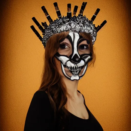 Image similar to full body potrait of a woman. woman is wearing a crown made of cigarettes. Woman is wearing a skull mask. Smoke effects forms question mark. Digital painting. Art station. Mood lighting. - h 1200