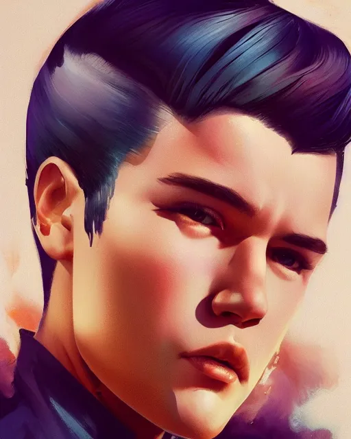 Image similar to man with a cute - fine - face, pretty face, oil slick hair, realistic shaded perfect face, extremely fine details, by realistic shaded lighting, dynamic background, poster by ilya kuvshinov katsuhiro otomo, magali villeneuve, artgerm, jeremy lipkin and michael garmash and rob rey, and silvain sarrailh