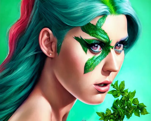 Image similar to hyper - realistic digital art, katy perry as a poison ivy, intense fan art, perfectly detailed, perfect human figure, comic book cover art, sharp, smooth, ultra fine detail, art by artgerm, wlop, rutkowski