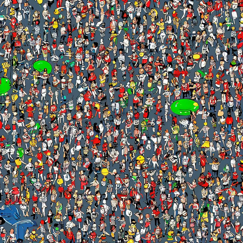 Image similar to Where's Waldo, on a futuristic robot battlefield