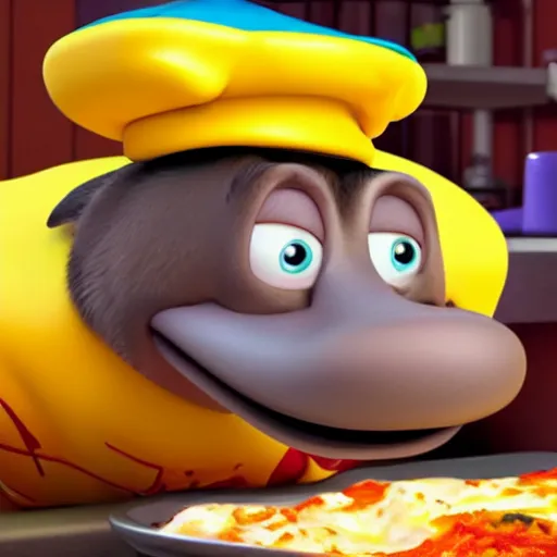 Image similar to pixar style platypus on a kitchen wearing a chef hat and holding a lasagna into an over, with three basil leaves over the lasagna, pixar style, ultradetailed, 3 d, ratatouille style