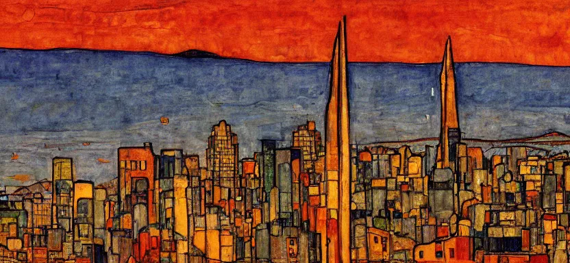 Image similar to scientific illustration of san francisco skyline, egon schiele portrait style