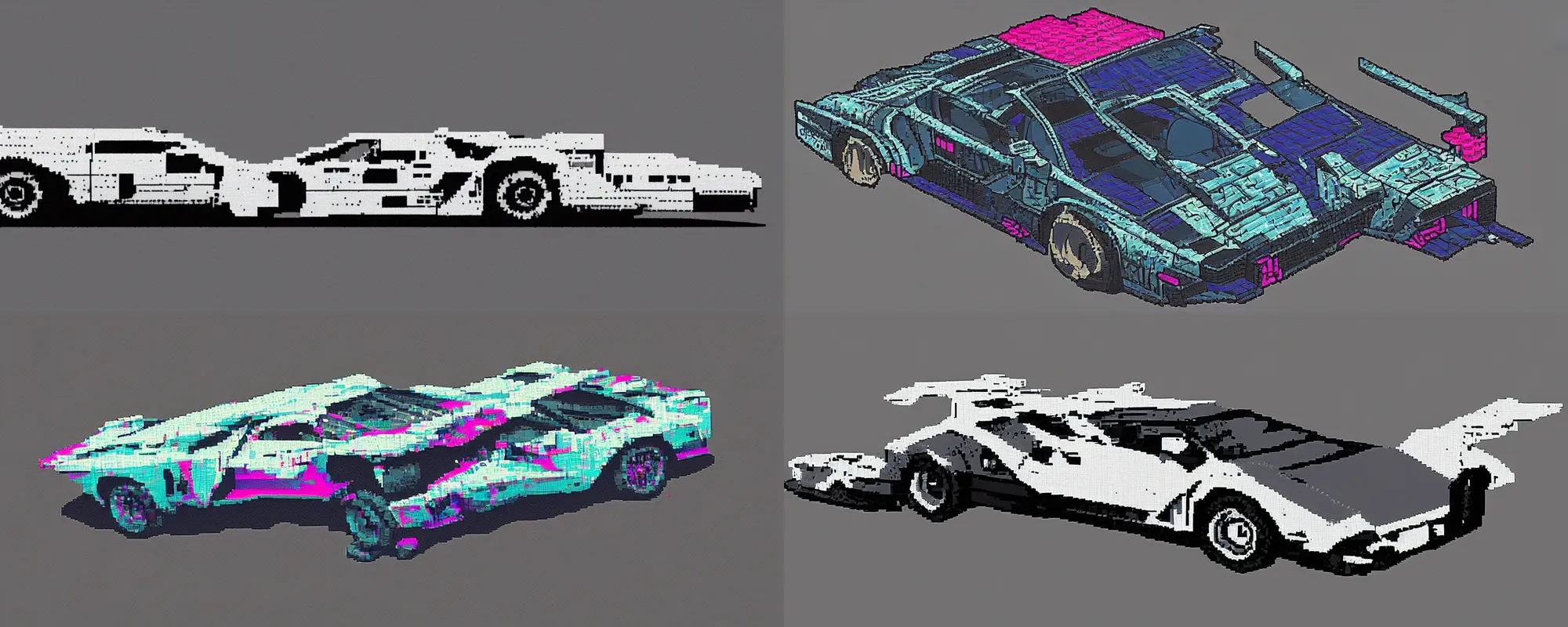 Prompt: cyberpunk flying countach, pixel art, 3/4 view