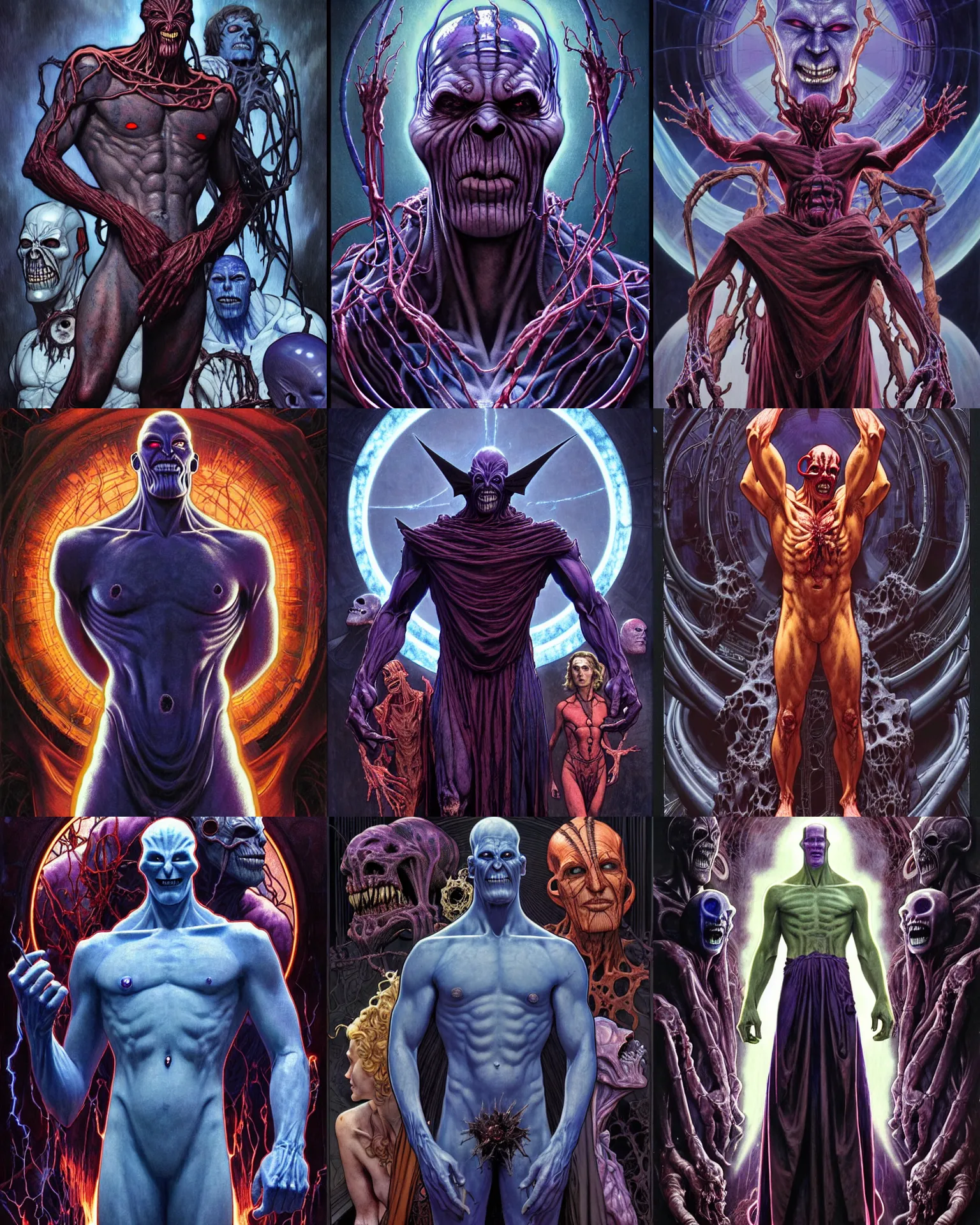 Prompt: the platonic ideal of 1 9 3 0's of cletus kasady ultimate carnage thanos dementor doctor manhattan chtulu nazgul, detailed, intricate, hyperrealism, intense, scary, decay, dmt, art by brock hofer and artgerm and greg rutkowski and alphonse mucha