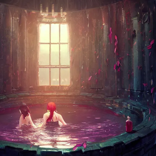 Prompt: a beautiful, ultra - detailed complex illustration of a dungeon, with girls in cages suspended in the void, in the center a bath with red colored water, by wu daozi, makoto shinkai, thomas kinkade, presented on artstation hd, background wallpaper anime art 8 k