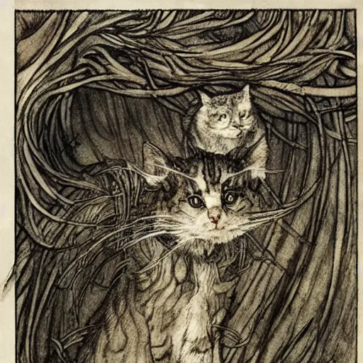 Prompt: cat from the void, illustrations by irish fairy tales james stephens arthur rackham, cat detailed, fairy tale illustrations, colour, top cinematic lighting , cinematic mood, very detailed, shot in canon,
