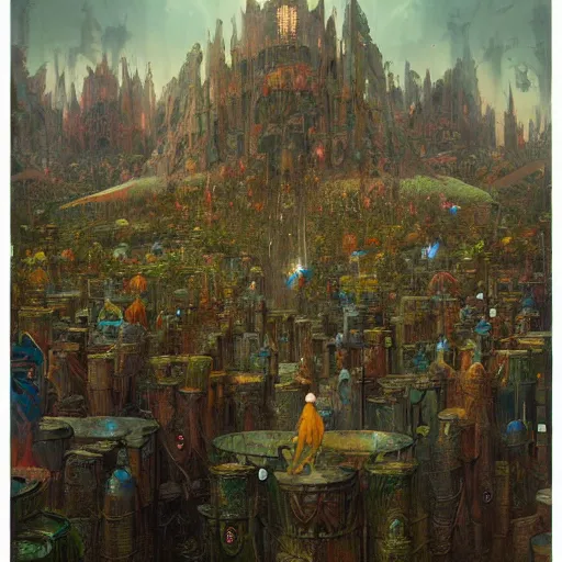 Prompt: a ground level view of a highly populated garden gnome city, Greg Rutkowski, Moebius, Mohrbacher