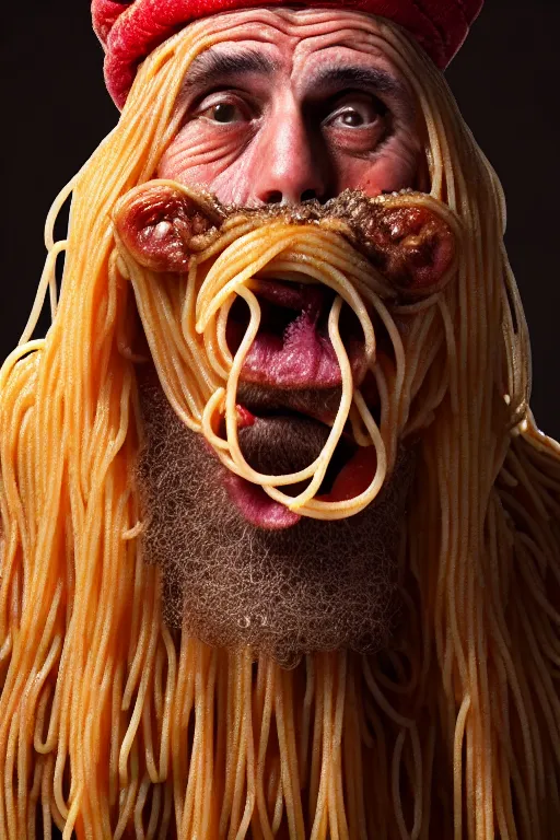 Image similar to extremely detailed portrait of old italian cook, spaghetti mustache, slurping spaghetti, spaghetti in the nostrils, spaghetti hair, spaghetti beard, huge surprised eyes, shocked expression, scarf made from spaghetti, full frame, award winning photo by jimmy nelson