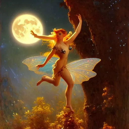 Image similar to attractive fairy magically floating high in the night, fantasy, full moon in background. highly detailed painting by gaston bussiere, craig mullins, j. c. leyendecker, mid shot, 8 k