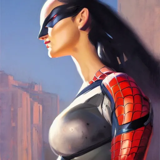 Image similar to greg manchess portrait painting of partially armored female spiderman as overwatch character, medium shot, asymmetrical, profile picture, organic painting, sunny day, matte painting, bold shapes, hard edges, street art, trending on artstation, by huang guangjian, gil elvgren, ruan jia, greg rutkowski, gaston bussiere