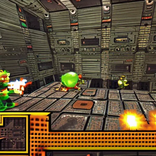 Image similar to ratchet & clank in the style of DOOM 1993 Game, pixelated graphics, FPS