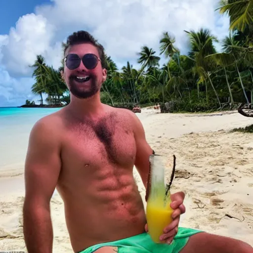 Image similar to Cthulhu with a dad bod wearing shorts and sandals and drinking pina colada from a coconut at a sunny, festive beach