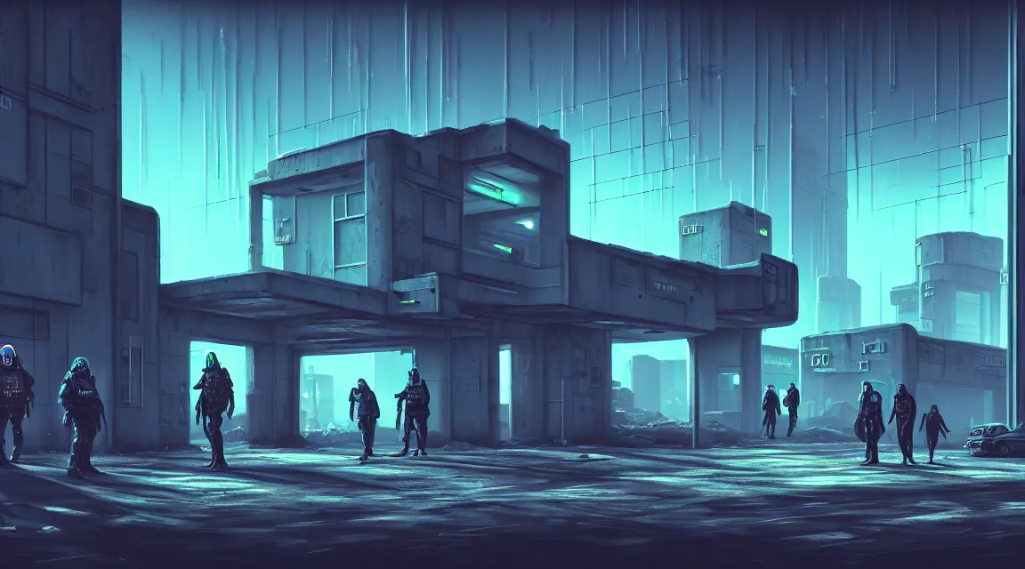 Image similar to post - apocalyptic police station, building, paved roads, sci - fi art, highly detailed photography, trending on artstation, hyperrealistic, human silhouettes, cyberpunk, environment artist, dystopian, science fiction, synthwave neon retro, concrete, vivid colors