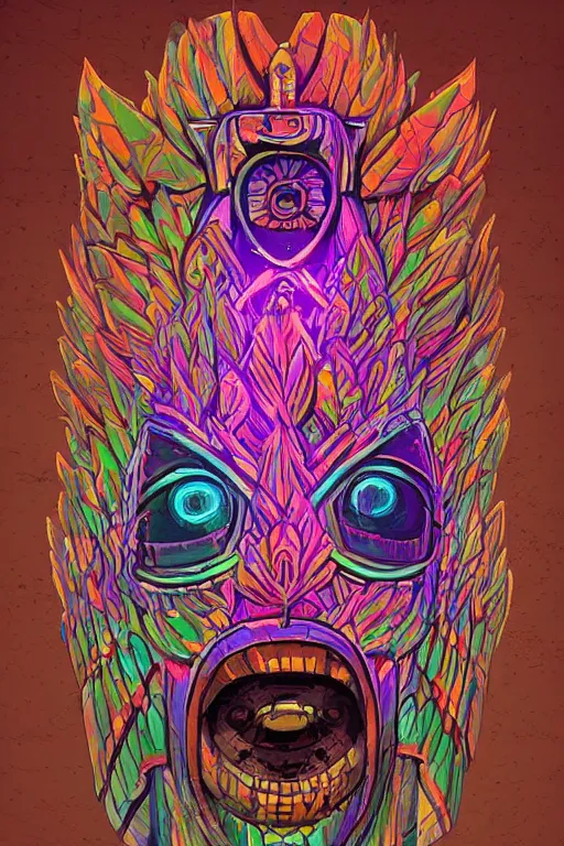 Image similar to totem animal tribal chaman vodoo mask feather gemstone plant wood rock video game illustration vivid color borderlands by josan gonzales and dan mumford radiating a glowing aura